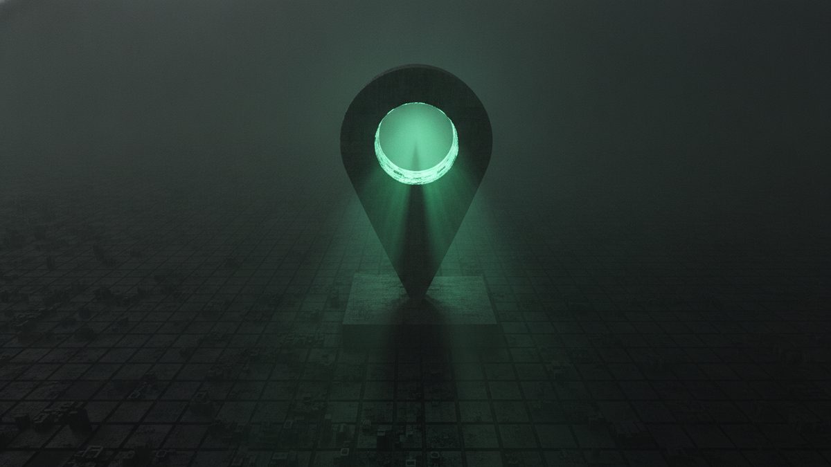 Abstract glowing map grid with a location pin, representing local SEO for tradespeople