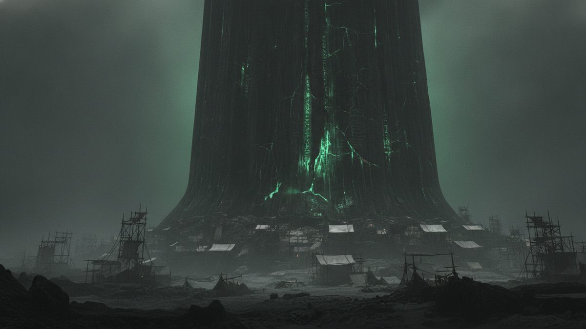 Abstract solid emerald structure beside scattered fragments, a website versus a Facebook page